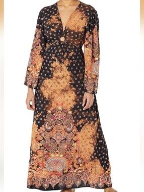 Angie Black and Gold Boho Bleached  Paisley Panel V-Neck Cut Out Maxi Dress